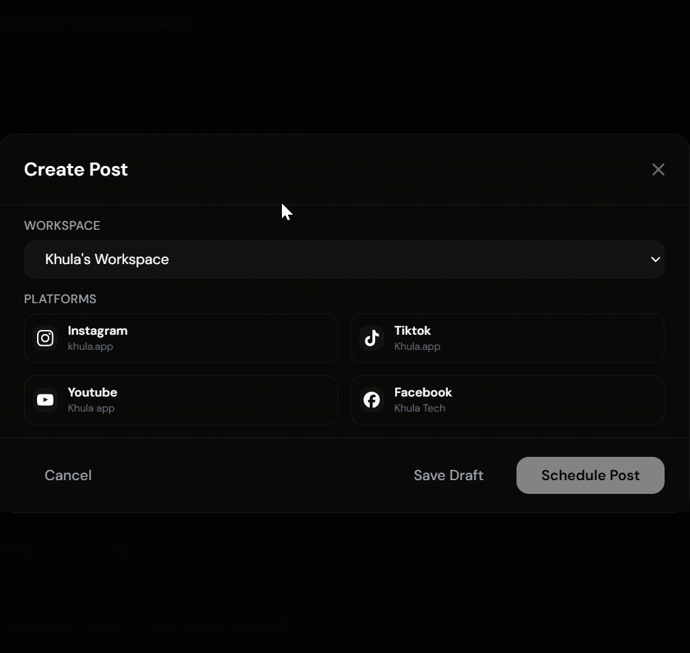 Khula's post composer scheduling one caption to Instagram, X, LinkedIn and TikTok at the same time